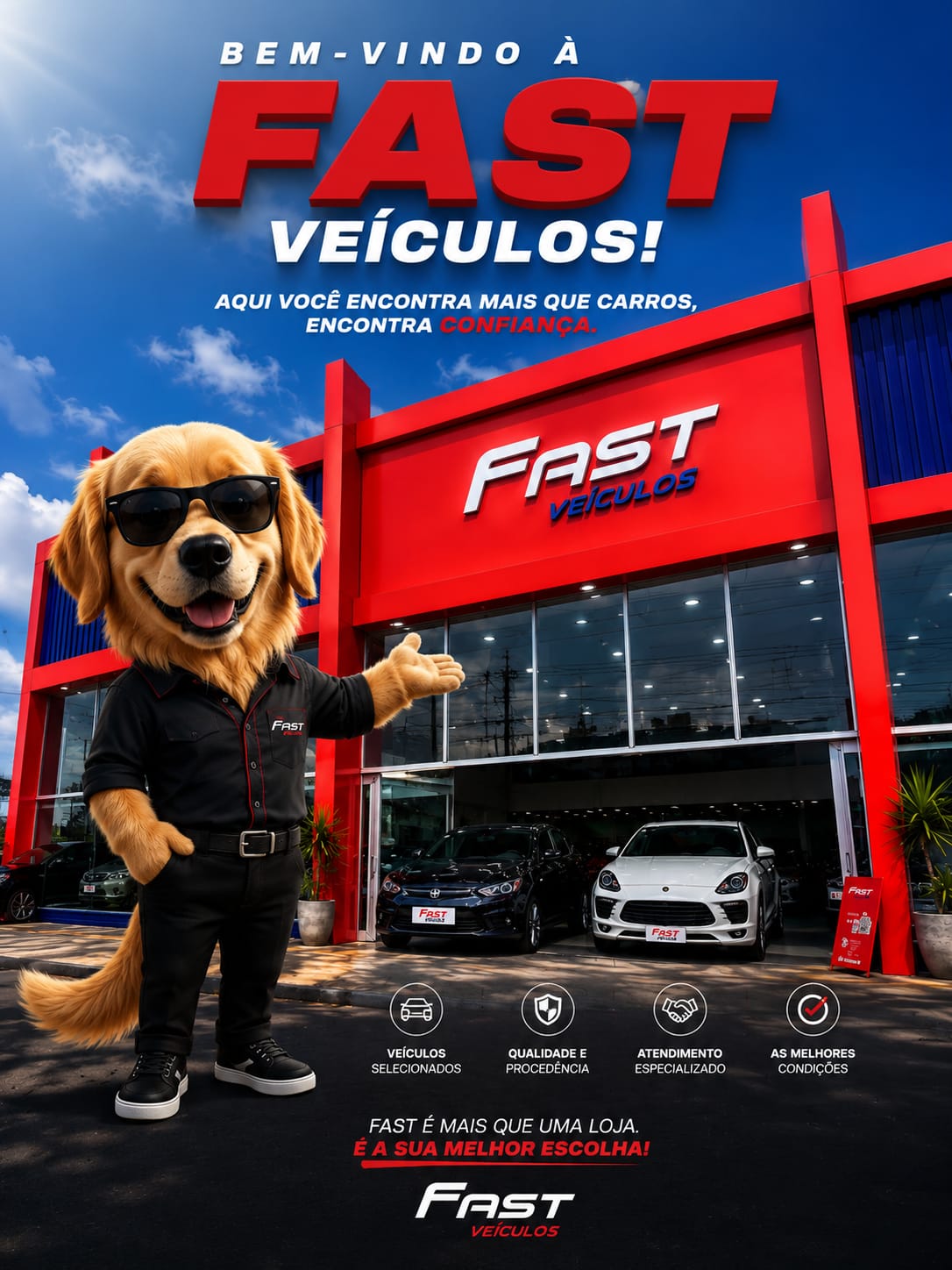 Marley, mascote da Fast Veículos, apresentando a fachada real da loja